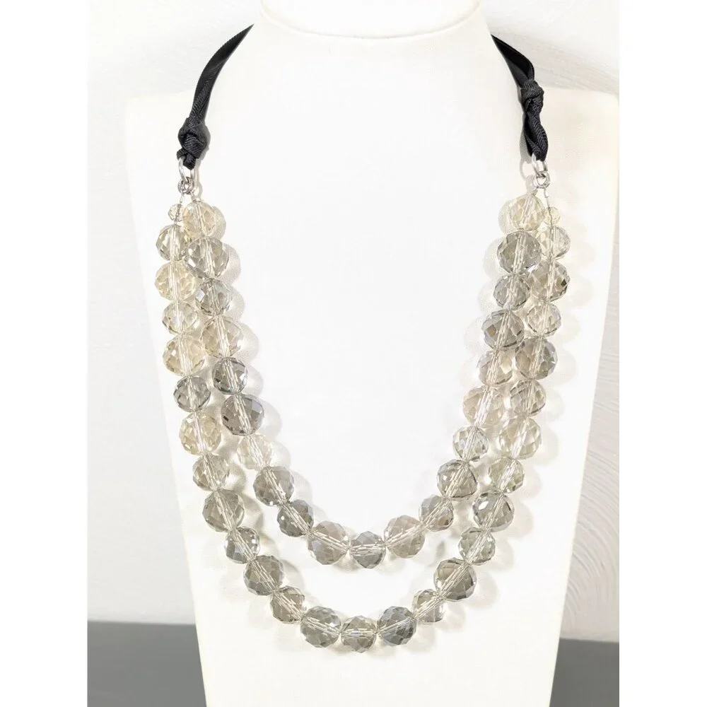 Gray Faceted Glass Bead Two Strand Black Ribbon Tie‎ Statement Necklace 48